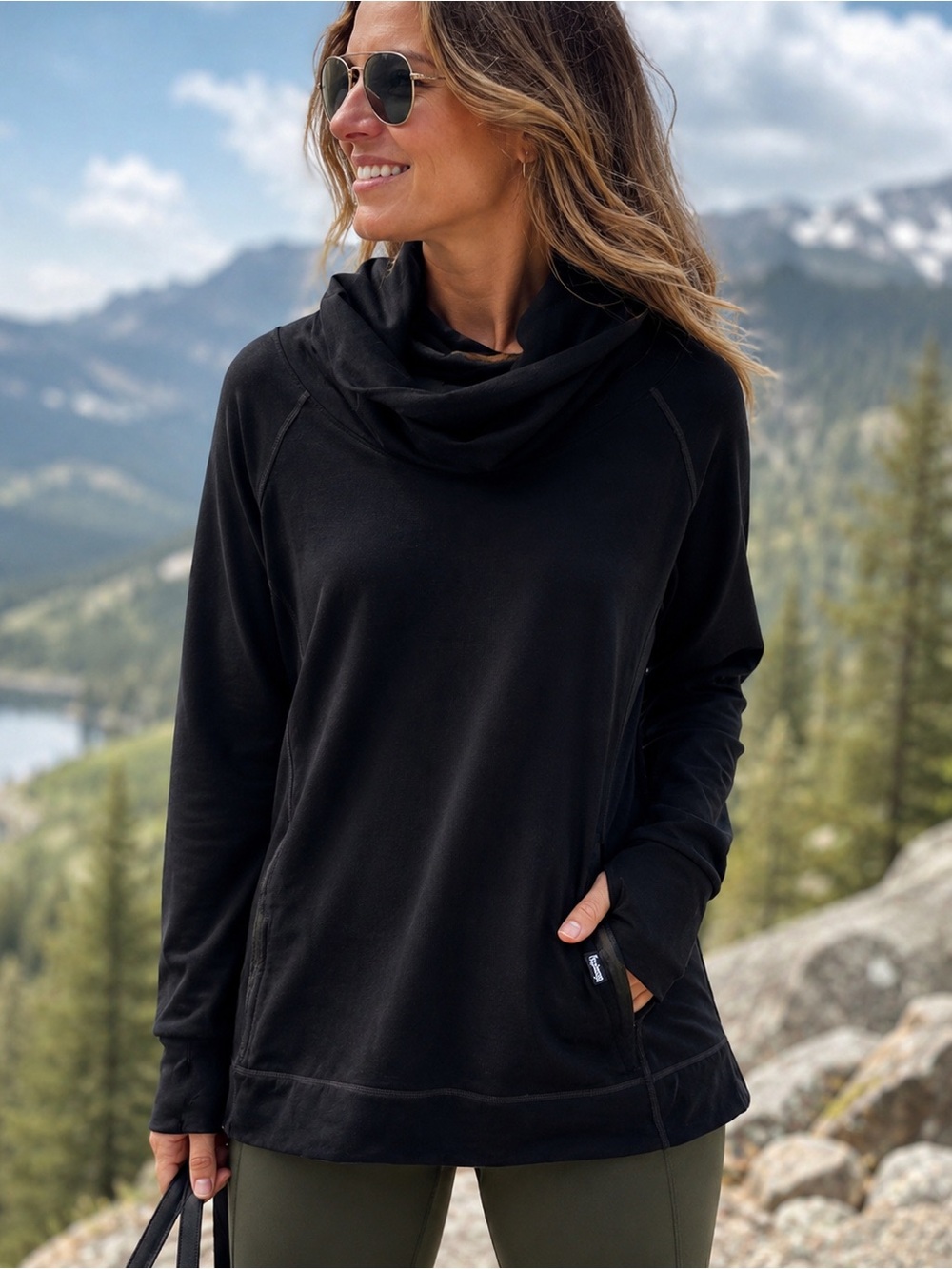 Woolly 95% Merino Wool Cowl Neck Pullover XL Black Thumbhole Sweatshirt
